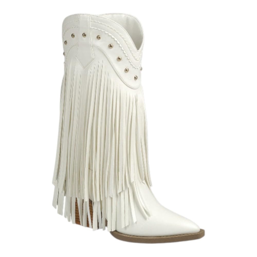 Womens Pointed Toe Chunky Heel Cowboy Western Fringe Boots