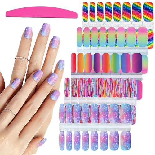 SILPECWEE 5 Sheets Rainbow Nail Wraps Nail Polish Stickers Self Adhesive Nail Polish Strips Gel Nail Strips Ombre Nail Art Design Fingernail Manicure Sticker Nails for Women with 1pc File