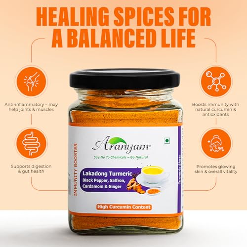 Image of Aranyam Lakadong Turmeric Drink Mix | Infused with Black Pepper, Ginger, Cardamom & Saffron - High Curcumin (7-12%) | Haldi Powder for Golden Milk, Latte, Herbal Tea & Health Drinks (100 Grams)