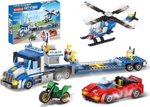 City Police Truck and Trailer Building Sets, Police Car with Tow Truck, Helicopter, Car, Motorcycle, Police Chase Building Blocks Toy Set Gift for Boys Aged 6-12, 509 PCS