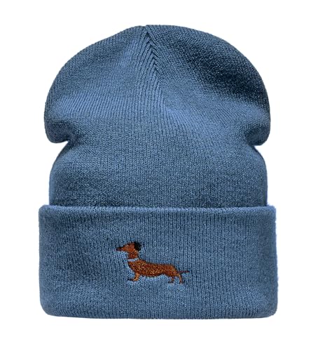 Baddery Beanie - „Dackel“ - Bestickte Strickmütze für Herren & Damen - Warme Wintermütze (Blau)