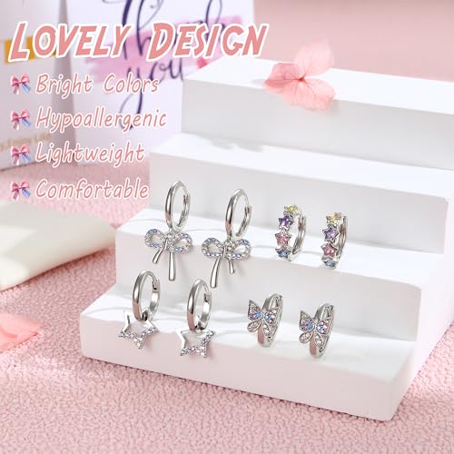 BESTEEL 4 Pairs Hypoallergenic Huggie Hoop Earrings for Girls Women Silver Small Dangle Hoop Earrings Bow Earrings Tiny Cute CZ Heart Butterfly Earrings Set Pink Colorful Star Earrings for Sensitive Ears(over 3 years old)3