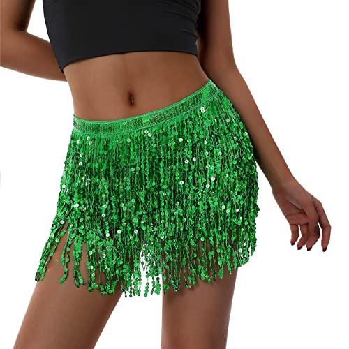Women Boho Sequin Tassel Hip Scarf Fringe Belly Mini Skirt Rave Party Dance Performance Costume Sparkly Festival Clothing (Green) #TOP1
