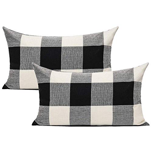 VAKADO 12x20 Set of 2 Black White Outdoor Throw Pillow Covers Buffalo Check Plaids Lumbar Farmhouse Retro Checkers Cotton Linen Cushion Cover Home Decor for Sofa Couch