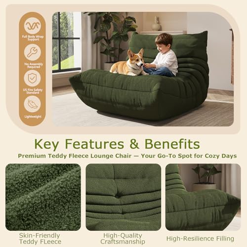 Image of Giant Bean Bag Chair for Adults，Comfy Single Floor Fireside Chair with Memory Foam,Cozy Accent Sofa Couch Boneless Chaise Loungefor Small Room Living Room Bedroom Gaming Room(Green, Single)