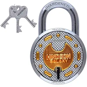 HINDSON Galaxy Brass Lock and Key Round 65mm with 3 Key,8 Lever Padlock, Steel Double Locking,8 Lever Padlock,Finish Gold,(Galaxy Brass Lock)