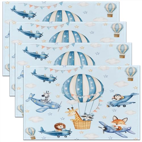 Cute Animals Kids Placemats Set of 4,Lion Zebra Giraffe Fox Monkey Table Place Mats for Boys Girls,Cartoon Airplanes Hot Air Balloons Blue Placemat Kitchen Table Decoration,12"x18"