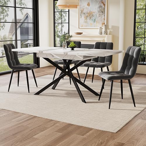 Merax Extendable Dining Table 120–160 cm – Telescopic Dining Table with White Marble Effect Top & Black Crossed Iron Legs, Space-Saving Dining Room Table for 6–8 People - Image 4