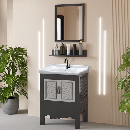 Image of WASSMIST Floor Mounted Bathroom Vanity | Modern Floor Standing Basin Cabinet for Bathroom | Thermoplastic Cabinet (Black)