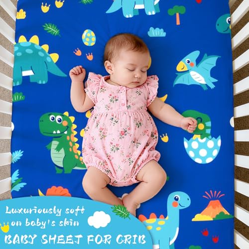 Image of Cloele Dinosaur Fitted Crib Sheet,Blue Baby Sheet, 52x28in | Soft Cozy, Standard Crib and Toddler Mattresses,Blue Nursery Bed Toddler Sheet, For Boys Girls