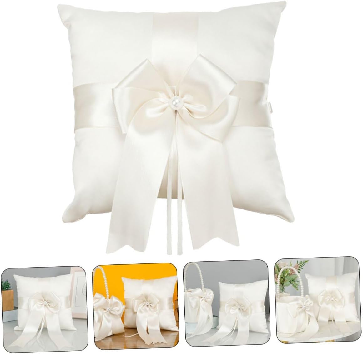 Toyvian Wedding Ring Pillow Bowknot Ring Bearer Pillow White Satin for Wedding Ceremony Engagement Party Decoration