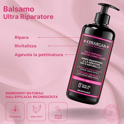 Kerargan - Kit Completo Ultra Riparatore Alla Cheratina Per Capelli Danneggiati E Stressati - Senza Solfati, Parabeni, Siliconi - 3X500Ml + 100Ml + 350Ml + 250Ml - 4