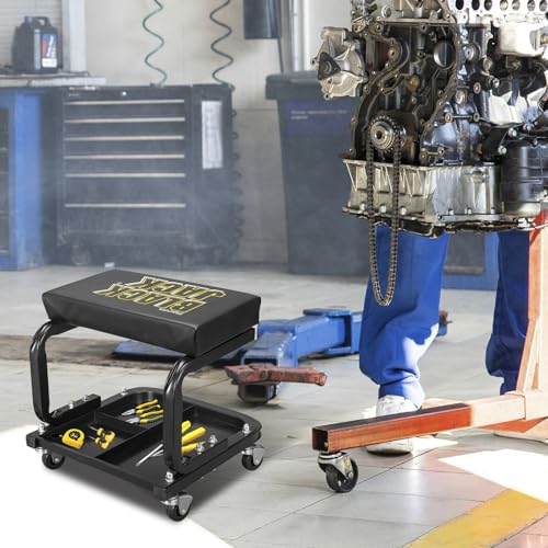 Image of Torin 250lb Rolling Automotive Creeper Garage /Shop Seat: Padded Mechanic Stool with Tool Large Tray Suitable for garages, Repair Shops,Black