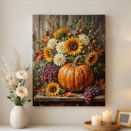 Cuadro de girasol y uvas en lienzo rústico tradicional para decoración de baños