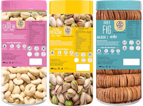 Image of 41 FOODS Premium Dry Fruits and Nuts Combo of Healthy Fresh Cashews Pistachios Figs Nutritious Delicious Crunchy Pista Kaju Anjeer 200Gm X 3 600Grams