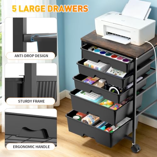 Image of SUNALLY Rolling Carts with 5 Drawers, Storage Drawer Carts for Craft, Black