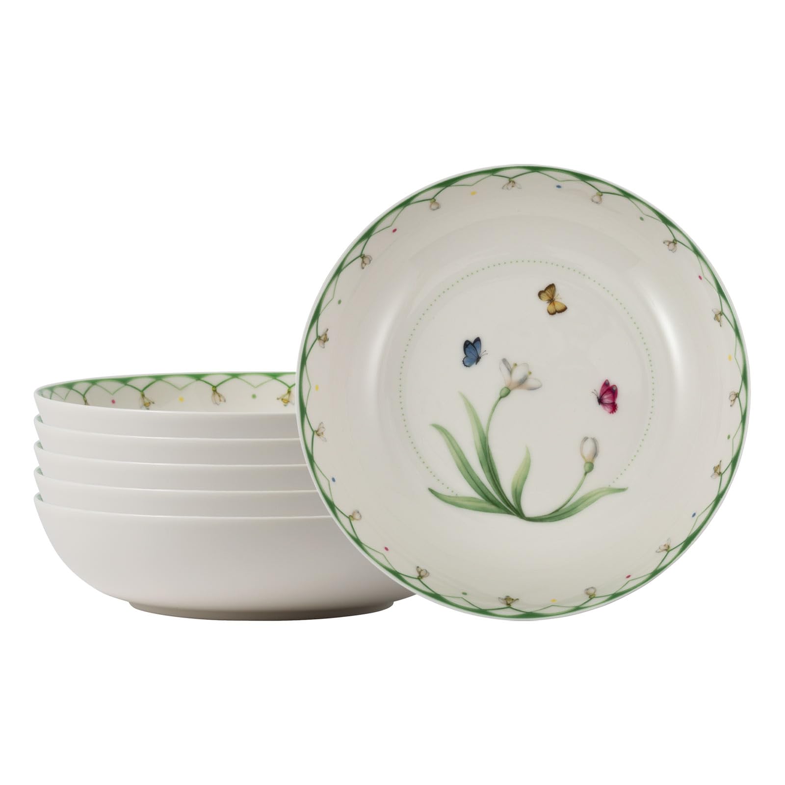 Villeroy & Boch Colourful Spring zestaw 6 miseczek do sałatek, 19 cm, okrągłe miski z dekoracją motyli i kwiatów, porcelana premium, kolorowa