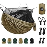 Towsont Single & Double Camping Hammock with Mosquito/Bug Net, Portable Parachute Nylon Hammock with 10ft Hammock Tree Straps 22 Loops