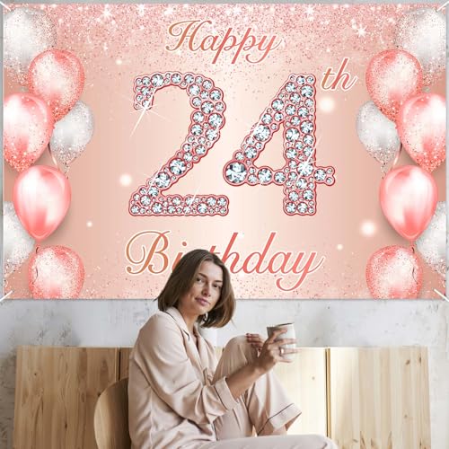 Image of Happy 24th Birthday Rose Gold Banner Cheers to 24 Years Old Backdrop Confetti Balloons Theme Decor for Women 24 Years Old Pink Birthday Party Decorations Bday Supplies Background Favors Gift Glitter