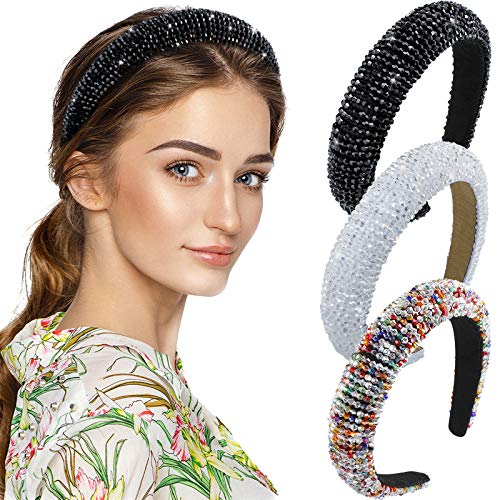 3 Pieces Padded Rhinestone Headband Crystal Beaded Headband Wide Glitter Crystal Beaded Hairband Padded Wedding Headpiece Wide Edge Headwear for Women Girls (Black, White, Rainbow)