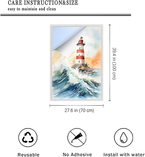 Miniatura 50 de Lámina abstracta retro de acuarela para ventana de vidrio con diseño de faro, diseño náutico, para privacidad en el océano, no adhesiva, para baño