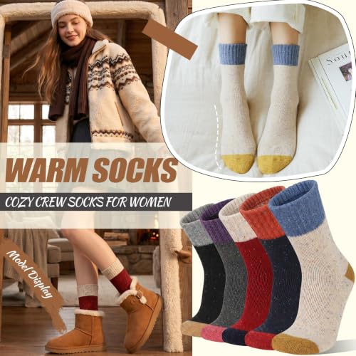 Image of EBMORE 5 Pairs Women Merino Wool Boot Socks Warm Thermal Winter Thick Hiking Cozy Cabin Crew Comfy Socks for Ladies