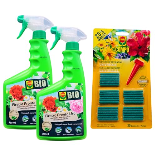 SET: 2xDetergente Spray Insetticida a Rapida Azione, PIRETRO PRONTO USO. Protegge Le Piante Floreali e Ornamentali, Di Origine Naturale 750ml + Concime In Bastoncini UNIVERSALE