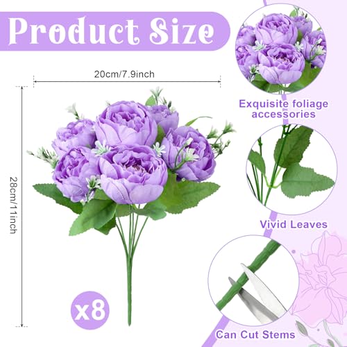 Image of 8 Pack Purple Peonies Artificial Flowers, Fake Silk Hydrangea Bouquet for Bridal Wedding Home Table Decor Reusable Dining Opening Ceremony Birthday Arrangement Faux Floral