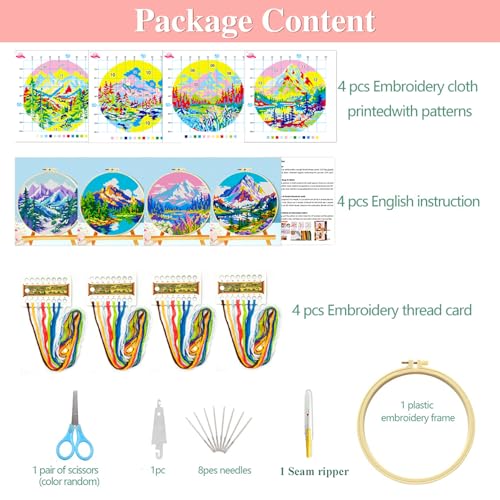 Image of Zhenqing 4 Pack Four Seasons Landscape Stamped Cross Stitch Kit, 11CT Printed Mountain Lake Scenery Patterns with Hoop and Tools, DIY Embroidery Set for Adults and Beginners