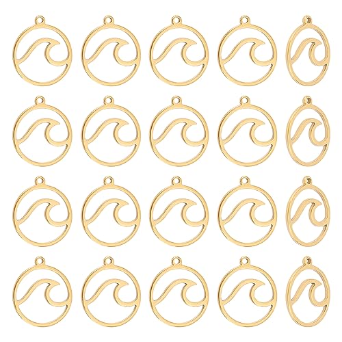 UNICRAFTALE Pack of 30 Golden Waves Charms, Flat Round with Wave, Stainless Steel Pendants, Ocean Pendants, Laser Cut