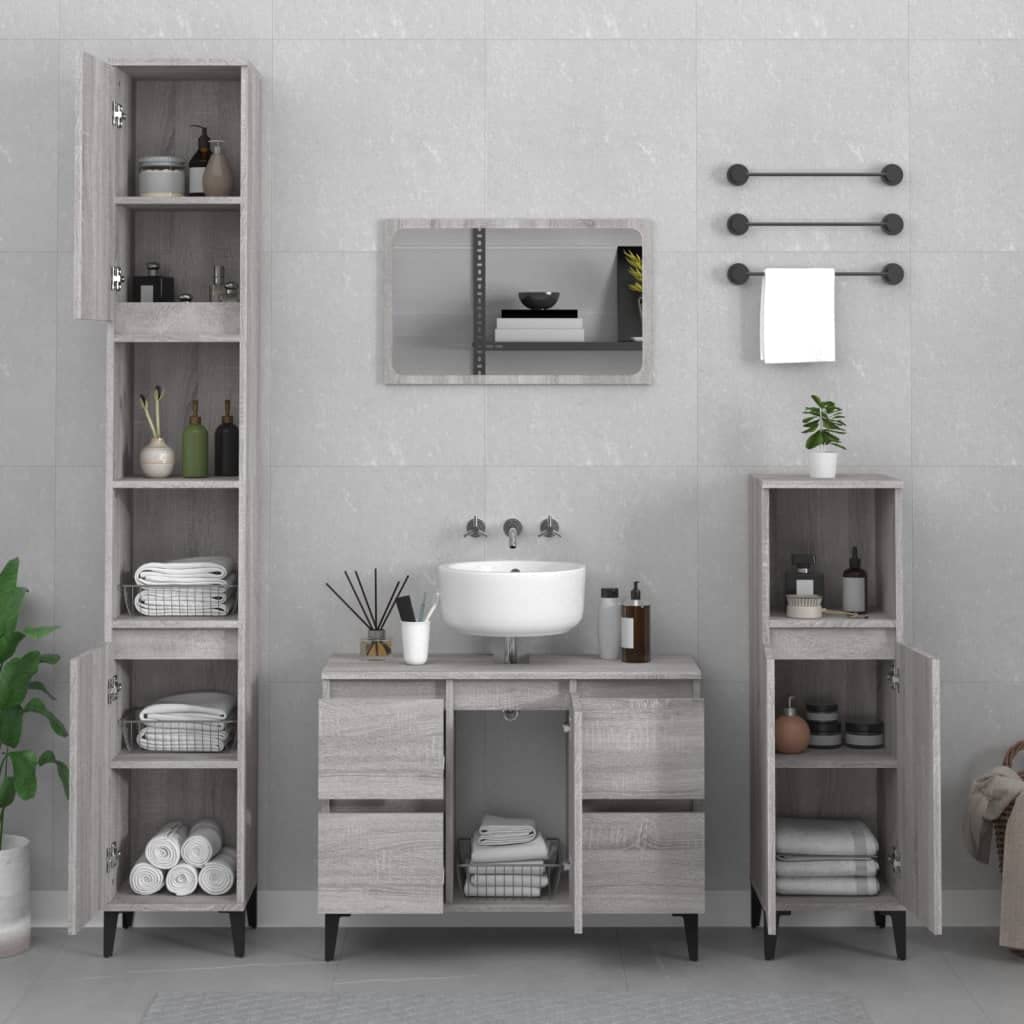 Mobile sottolavabo grigio sonoma, 80 x 33 x 60 cm, con 4 cassetti, anta e piedini in metallo, per mobili da bagno, mobiletto da bagno, mensola e spazio per riporre oggetti
