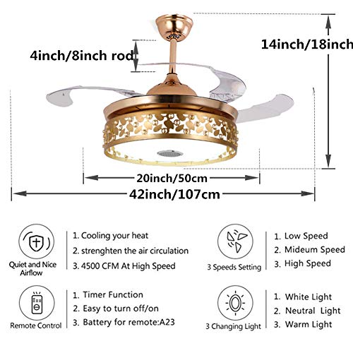 Fandian 42'' Modern Smart Ceiling Fans With Light Bluetooth Music Player Chandelier Invisible Blades With Remote Control Retractable Fandelier, Dimmable 7 Colors Led Kits Inlcuded (42" Nest Gold) #TOP4