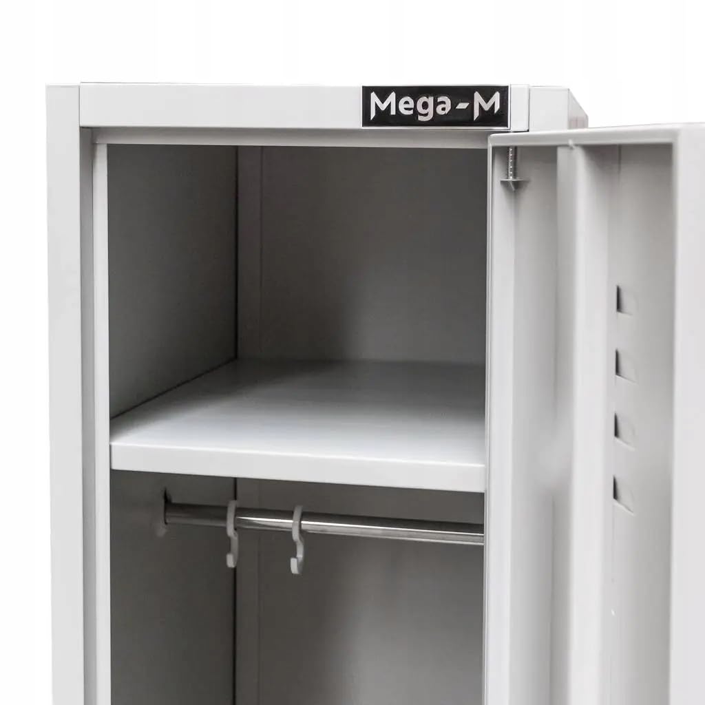 MEGA-M Szafka BHP ubraniowa pracownicza 1-drzwiowa | metalowa szafa z półką, drążkiem, haczykami, wentylacją i zamkiem, 36 × 50 × 180 cm, szara Bullet Points