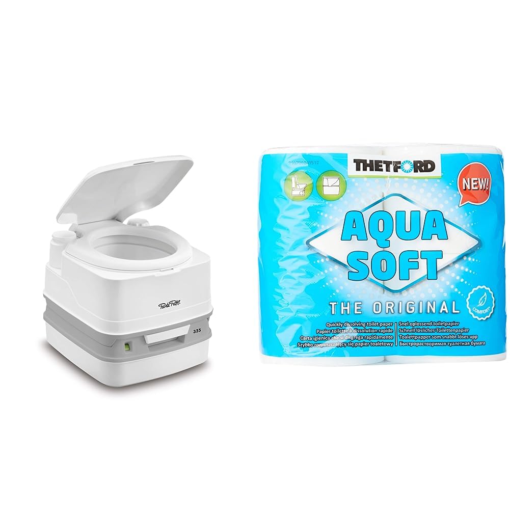 Thetford 92828 Porta Potti 335 Qube Tragbare Toiletten, weiß 313 x 342 x 382 mm & Aqua Soft WC Papier Toilettenpapier für mobile Toiletten 4 Rollen/Btl. Campingtoiletten Camping Outdoor Klopapier