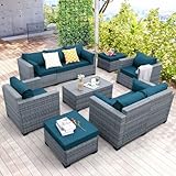 Lviden 7 Piece Wicker Patio Furniture Sets Outdoor Conversation Set, PE Rattan Sectional Sofa Couch with Storage Table and Non-Slip Peacock Blue Cushions, Furniture Covers Included