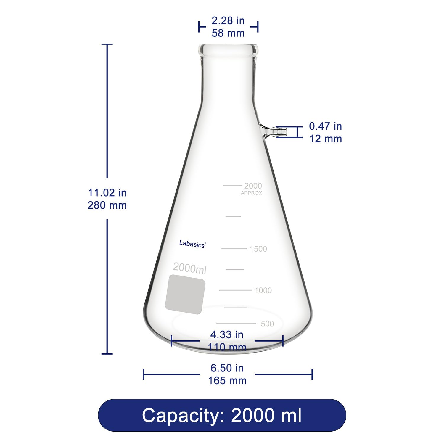 Labasics Glass Heavy Wall Borosilicate Glass Filtering Flask, Bolt Neck with Tubulation (2000 ml)
