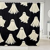 Picture of Feelyou Ghost Bath Curtain Kids Halloween Ghost Printed Shower Curtain Halloween Themed Bathroom Shower Curtain Set for Women Men Black White Kids Bathroom Accessories s