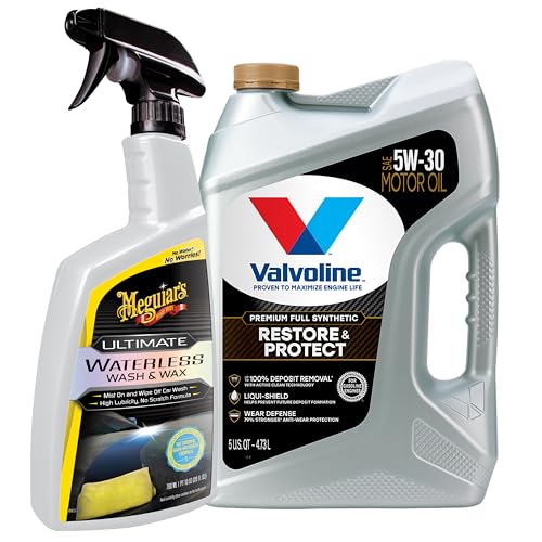Valvoline Restore & Protect 5W-30 Motor Oil + Meguiar's Ultimate Waterless Wash & Wax Bundle for Maintaining Engine Performance with Full Synthetic Oil and Car Appearance with Waterless Car Cleaning