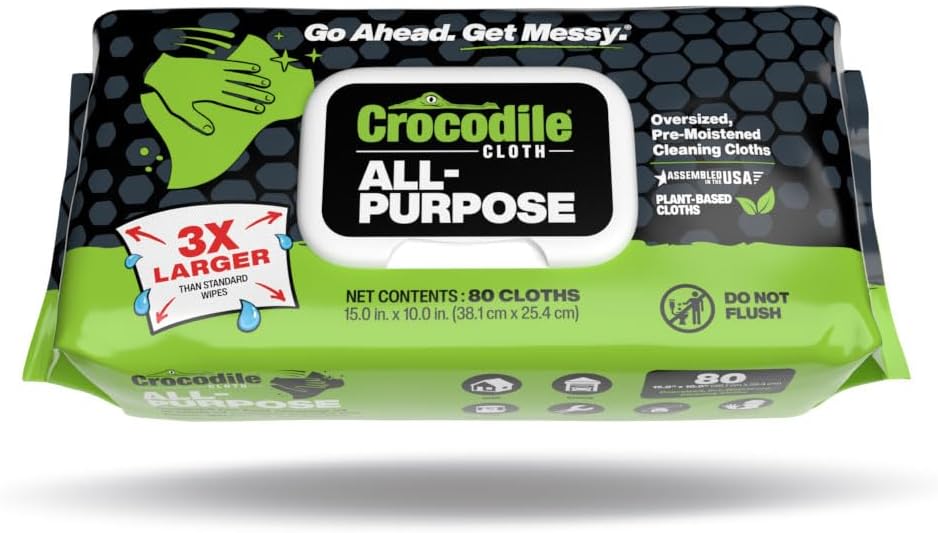 Product image of Crocodile Cloth All-Purpose Cleaning Wipes – 80 Count, 15"x10" Extra Large Plant-Based Disposable Cloths – Moist, Absorbent, Safe on Skin, Multi-Surface Use