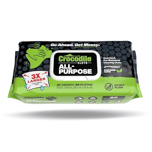 Crocodile Cloth All-Purpose Cleaning Wipes – 80 Count, 15"x10" Extra Large Plant-Based Disposable Cloths – Moist, Absorbent, Safe on Skin, Multi-Surface Use - 80 Count (Pack of 1)