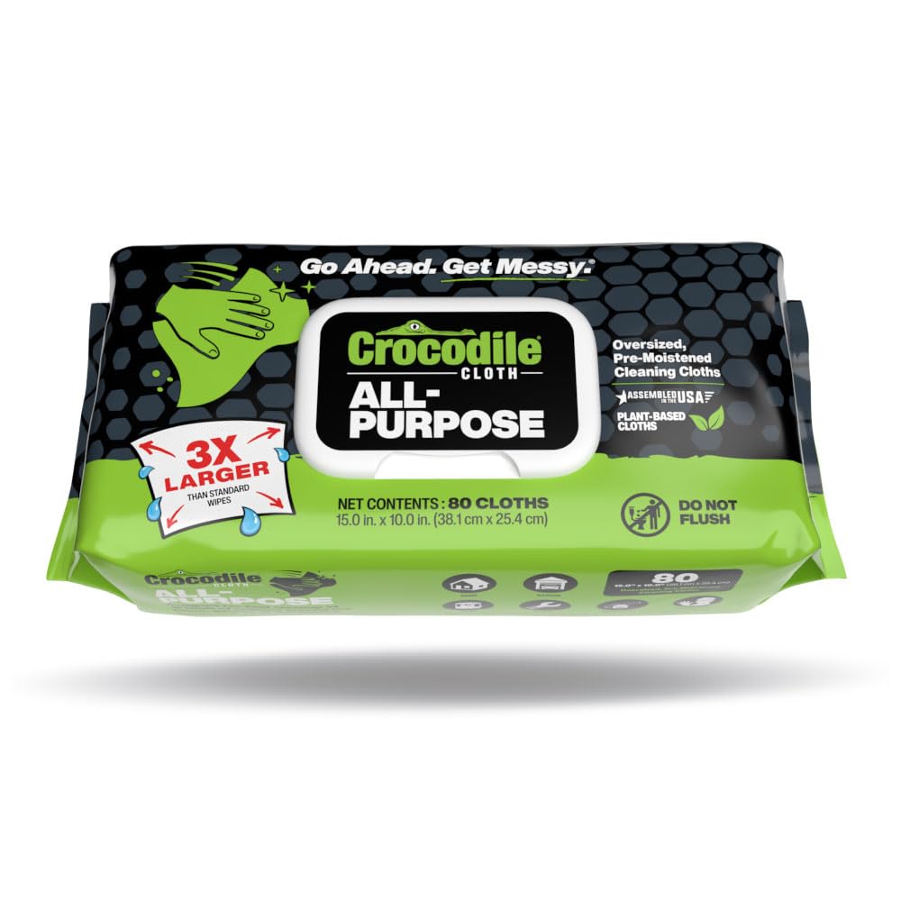 Crocodile Cloth All-Purpose Cleaning Wipes – 80 Count, 15"x10" Extra Large Plant-Based Disposable Cloths – Moist, Absorbent, Safe on Skin, Multi-Surface Use