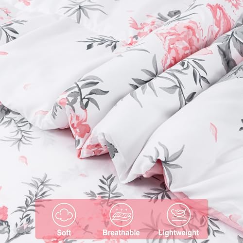 Image of lasoftan Floral King Comforter Set with Sheets, 7 piece Luxury Vintage Bedding, Soft Microfiber Bed in a Bag, Cozy Lightweight Bed Set, Pink Flower Grey Leaf