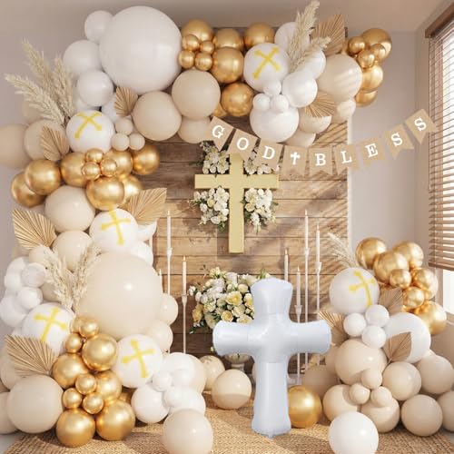 Baptism Decorations First Communion Balloons Kit, 158 Pcs White Sand White and Gold Balloons with Cross Balloon for First Holy Communion God Bless Christening Birthday Party Supplies by LSYBBDECOO - Used condition - Image 6