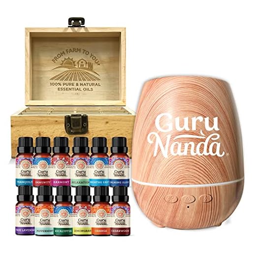 Woodsy Ultrasonic Aromatherapy Diffuser by GuruNanda and Essential Oils Set - Humidifier with Auto Shut-Off, 7 LED Lights & 5 Modes with Essential Oils (Set of 12), 6 Blends & 6 Singles