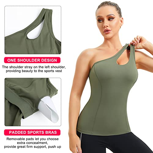 Xiaoxiao Workout Tank Tops For Women, One Shoulder Tops For Women Workout Shirt With Pockets Running Tops Green #TOP2