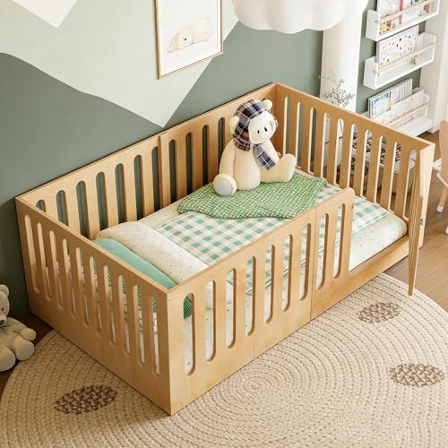 Bellemave Full Size Kids Floor Bed with High Fence & Door, Wooden Full Montessori Floor Beds with Low-Profile Design for Kids Girls Boys (Natural) by Bellemave - Used condition - US$181.43