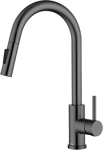 Tohlar - Grifos de cocina grises con pulverizador desplegable, grifo de fregadero de cocina de una sola manija negro mate moderno de acero