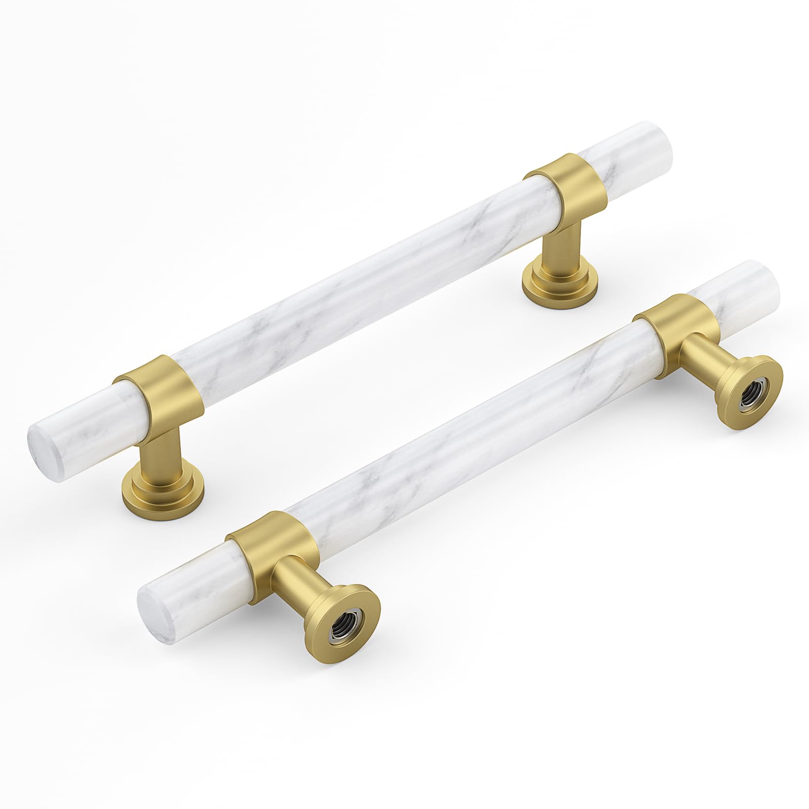 Haliwu 10 Pack/White Marble Cabinet Pulls, 2 Tone Cabinet Handles Marble Grain and Gold Pulls, 5-inch Kitchen Cabinet Handles, Solid Barrel Dresser and Drawer Pulls