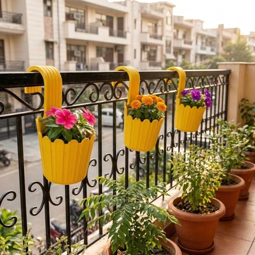Image of Premium 6 inch Railing Planter with Hook - Durable Plastic Hanging Flower Pot for Balcony, Fence Design Gamla for Indoor /Outdoor Plants, Herbs & Creepers (5, Yellow)