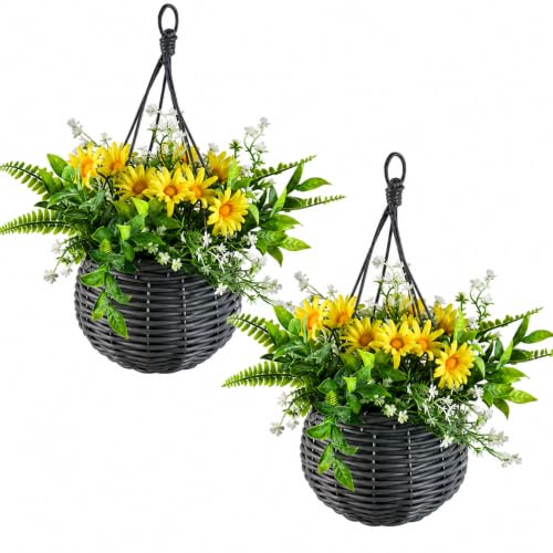 Image of GOVIRAYE 2 Pack Artificial Daisy Hanging Baskets, 30cm Faux Hanging Flowers for Garden, Patio, Balcony & Front Door